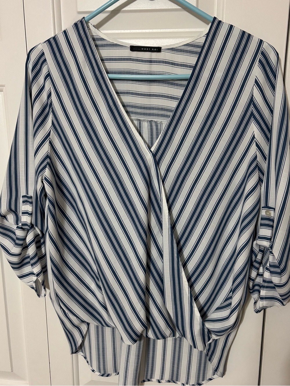 Striped V-Neck Blouse in Navy and White